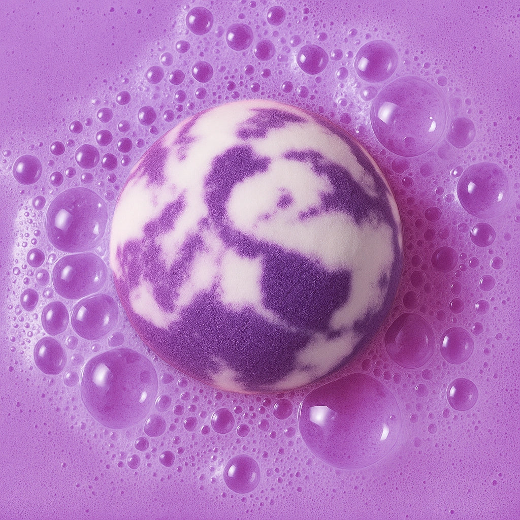 Purple and white Princess Jasmine-themed bath bomb fizzing in vibrant violet water with soft bubbles.