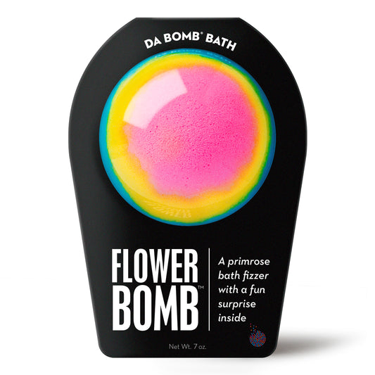 a blue yellow and pink bath bomb in black packaging