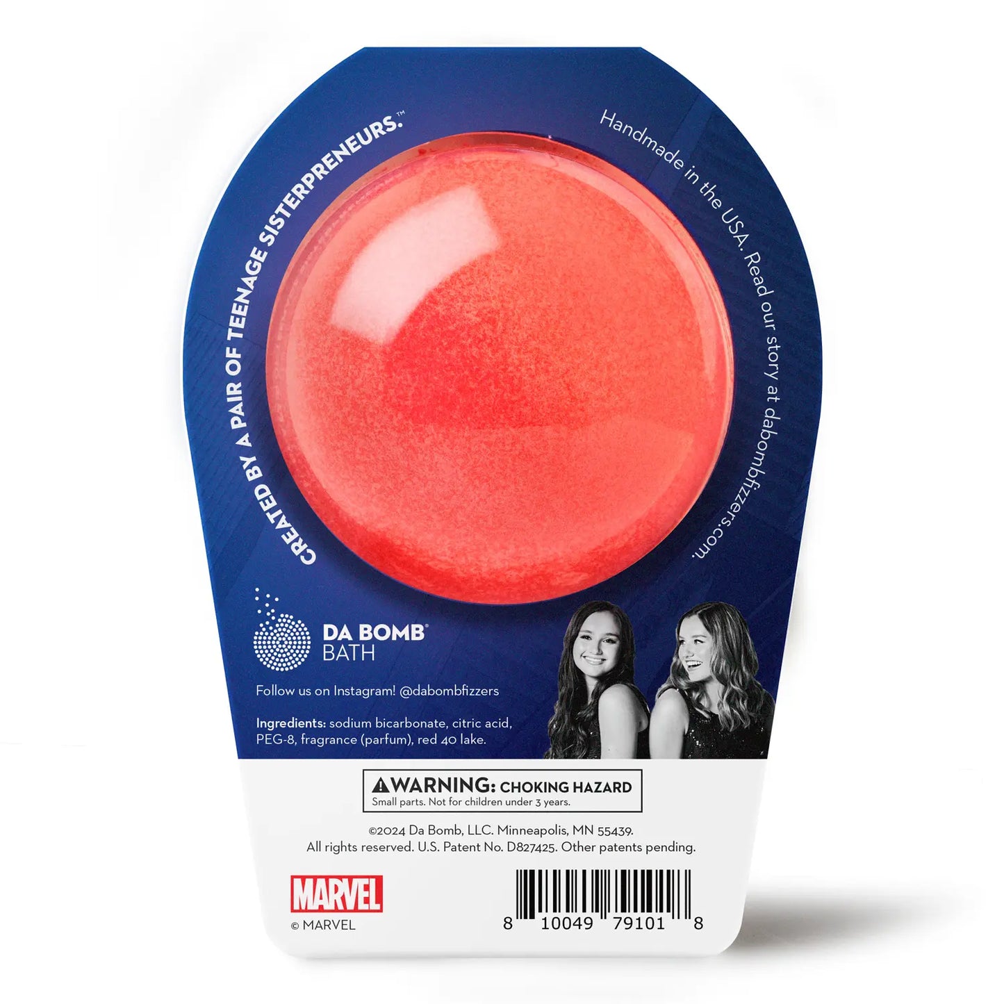 back of a red bath bomb with blue spider-man packaging
