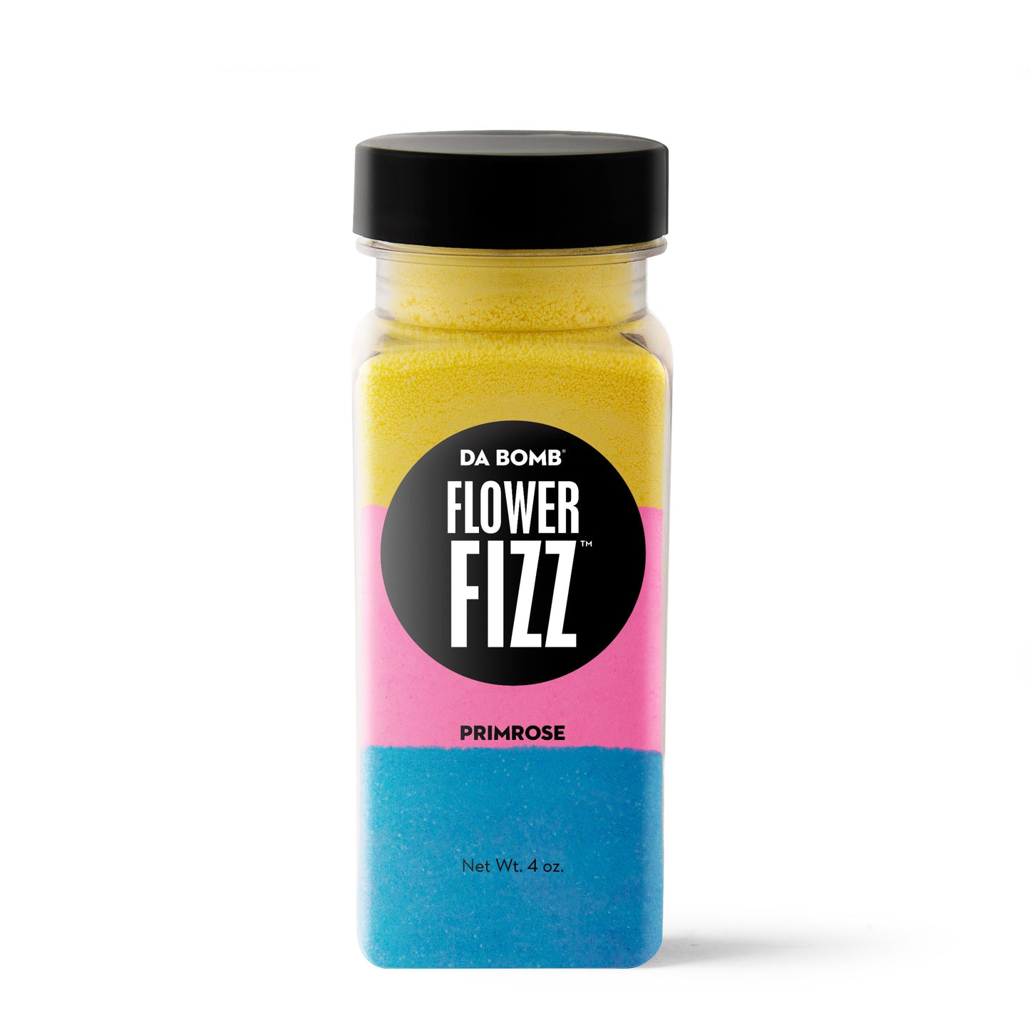 Yellow, pink and blue powder in rectangular bottle with black "Earth Fizz" label