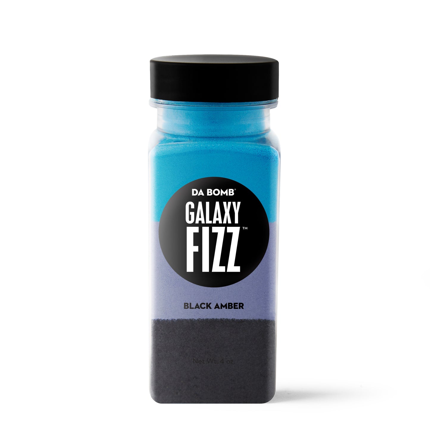 Blue, lavender and black powder in rectangular bottle with black "Galaxy Fizz" label