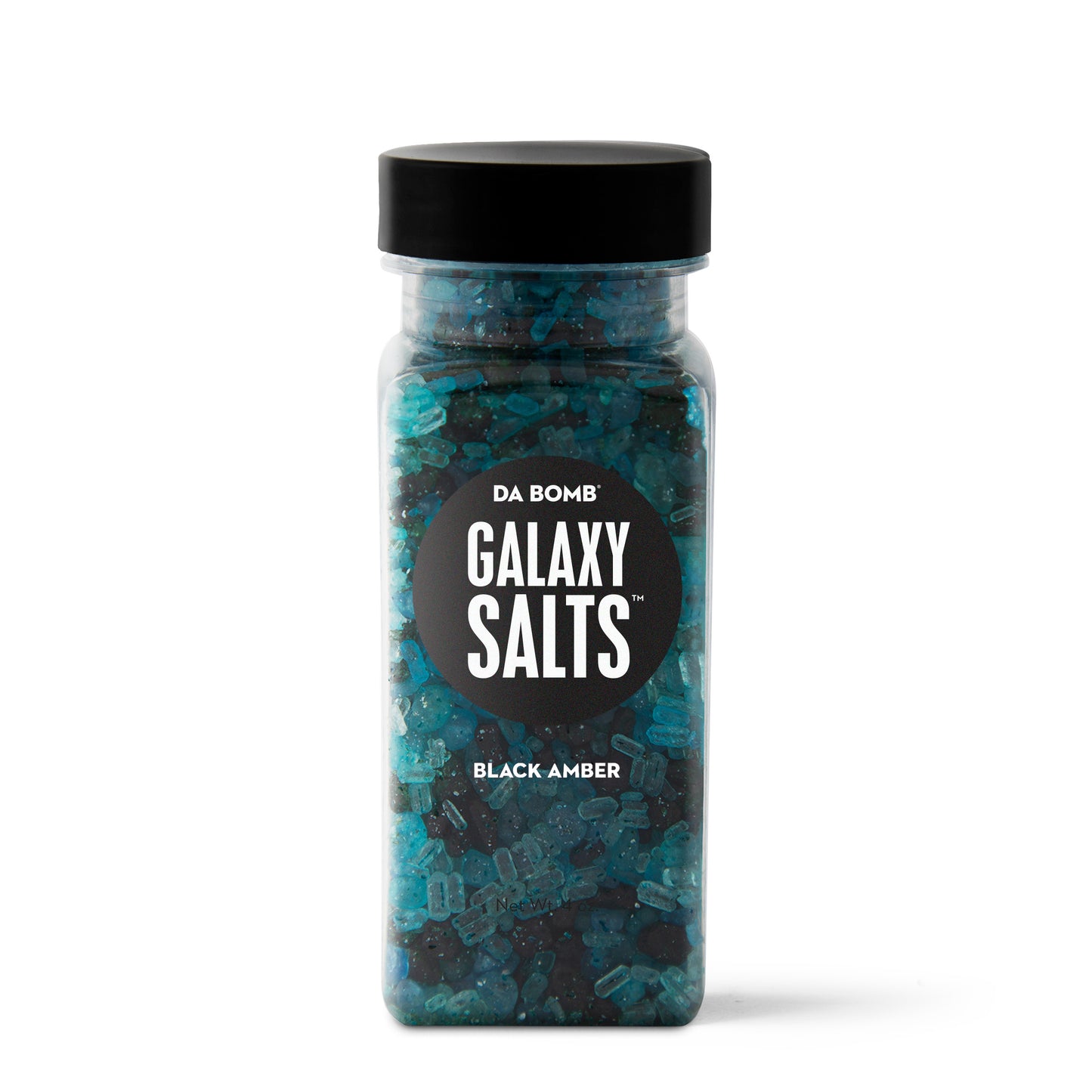 Dark green and black granules in rectangular bottle with black "Galaxy Salts" label