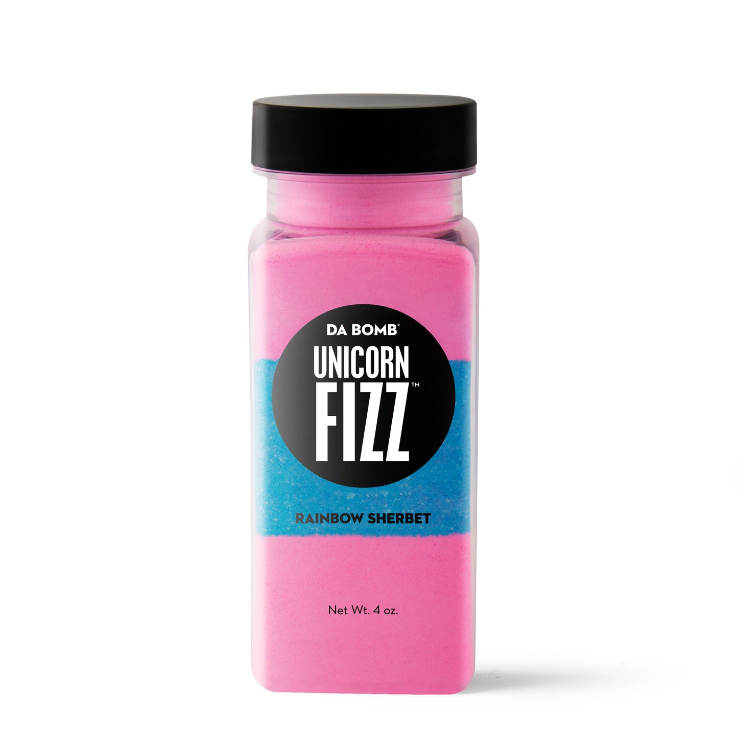 Pink, blue and pink powder in rectangular bottle with black "Unicorn Fizz" label