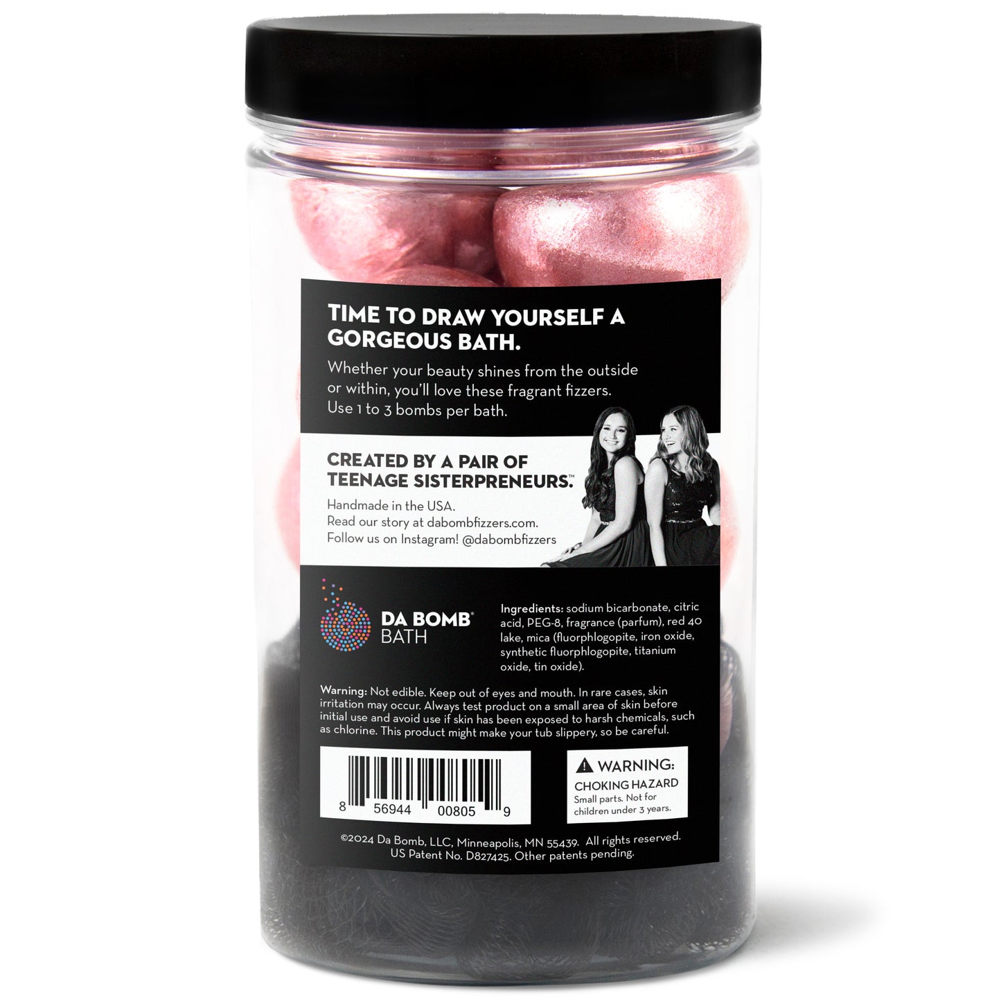 back side of Bath bomb jar filled with pink beauty bombs