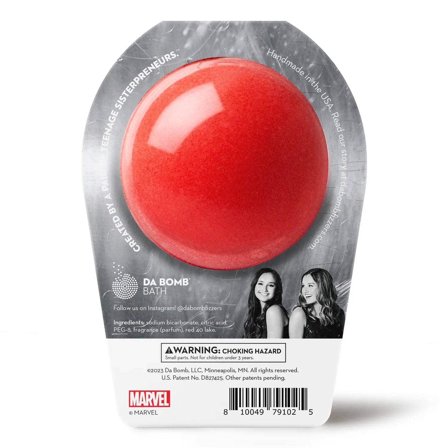 back of a red bath bomb with silver thor packaging