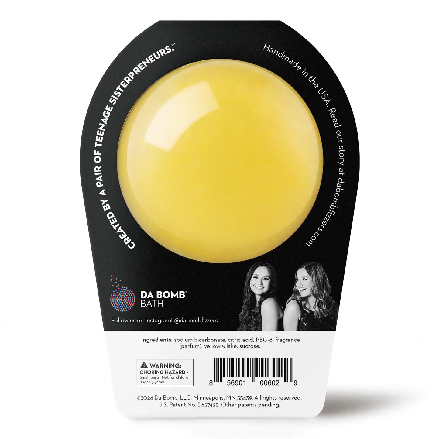 back of yellow party bath bomb in black packaging