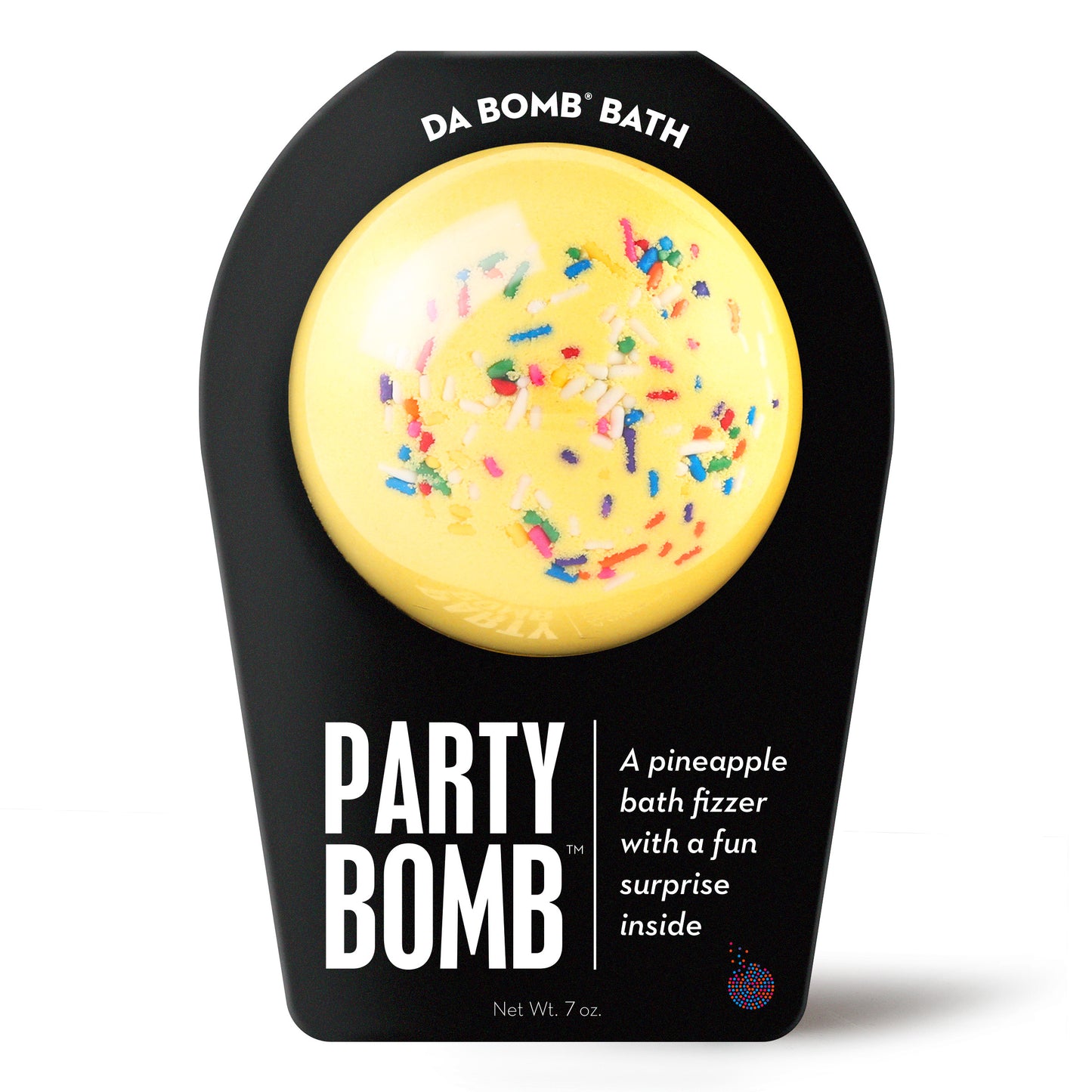 a yellow bath bomb with sprinkles in black packaging