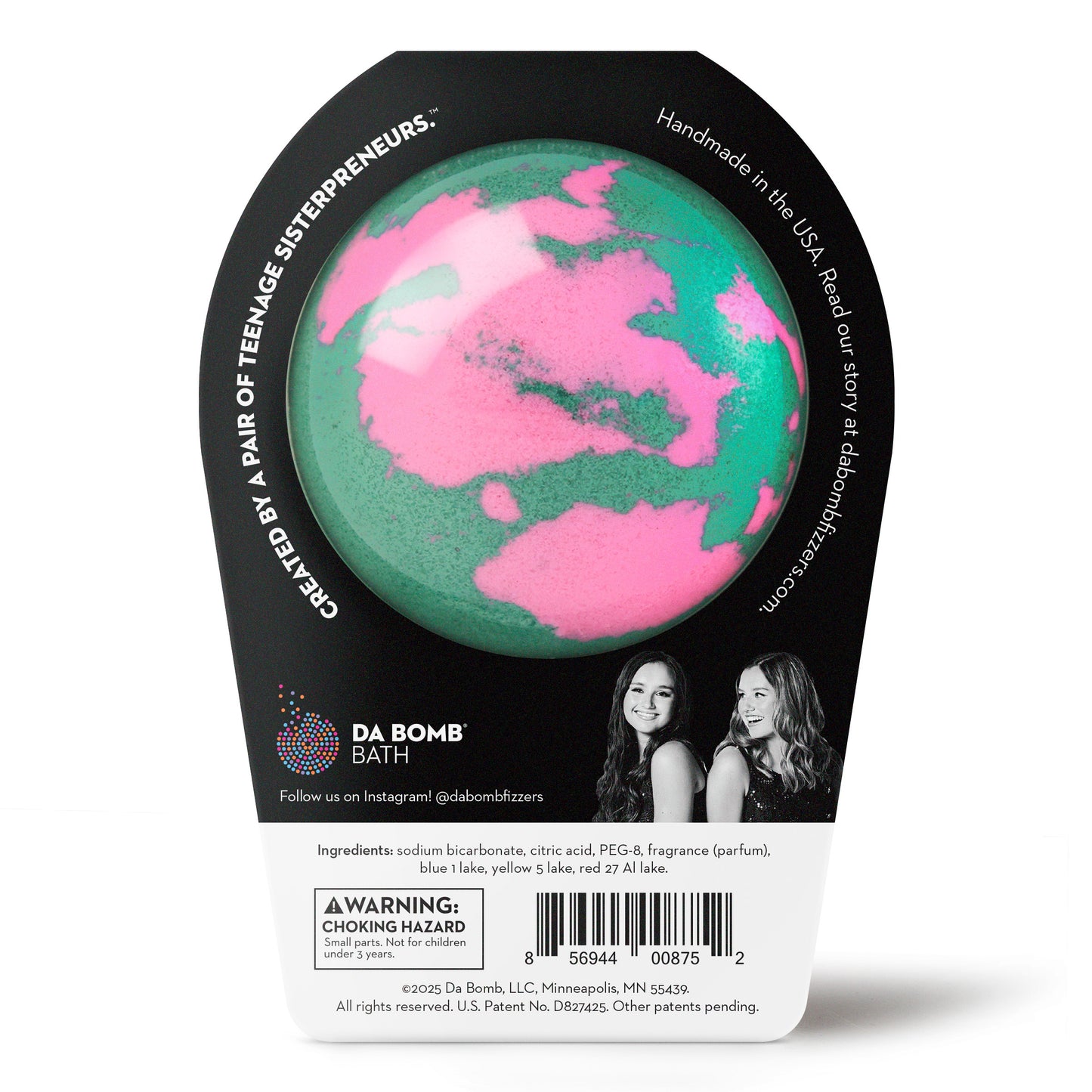back of a green and pink bath bomb in black packaging