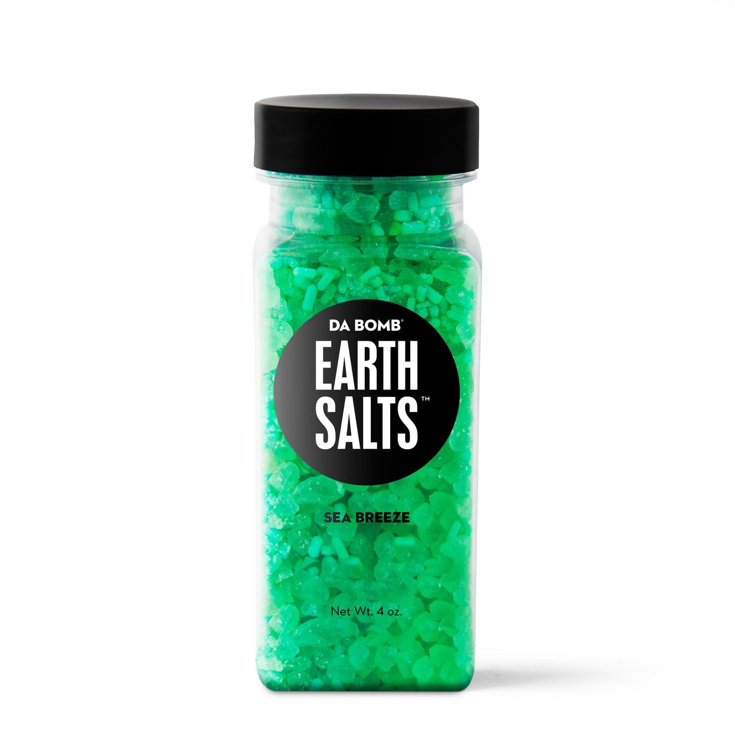 Green granules in rectangular bottle with black "Earth Salts" label