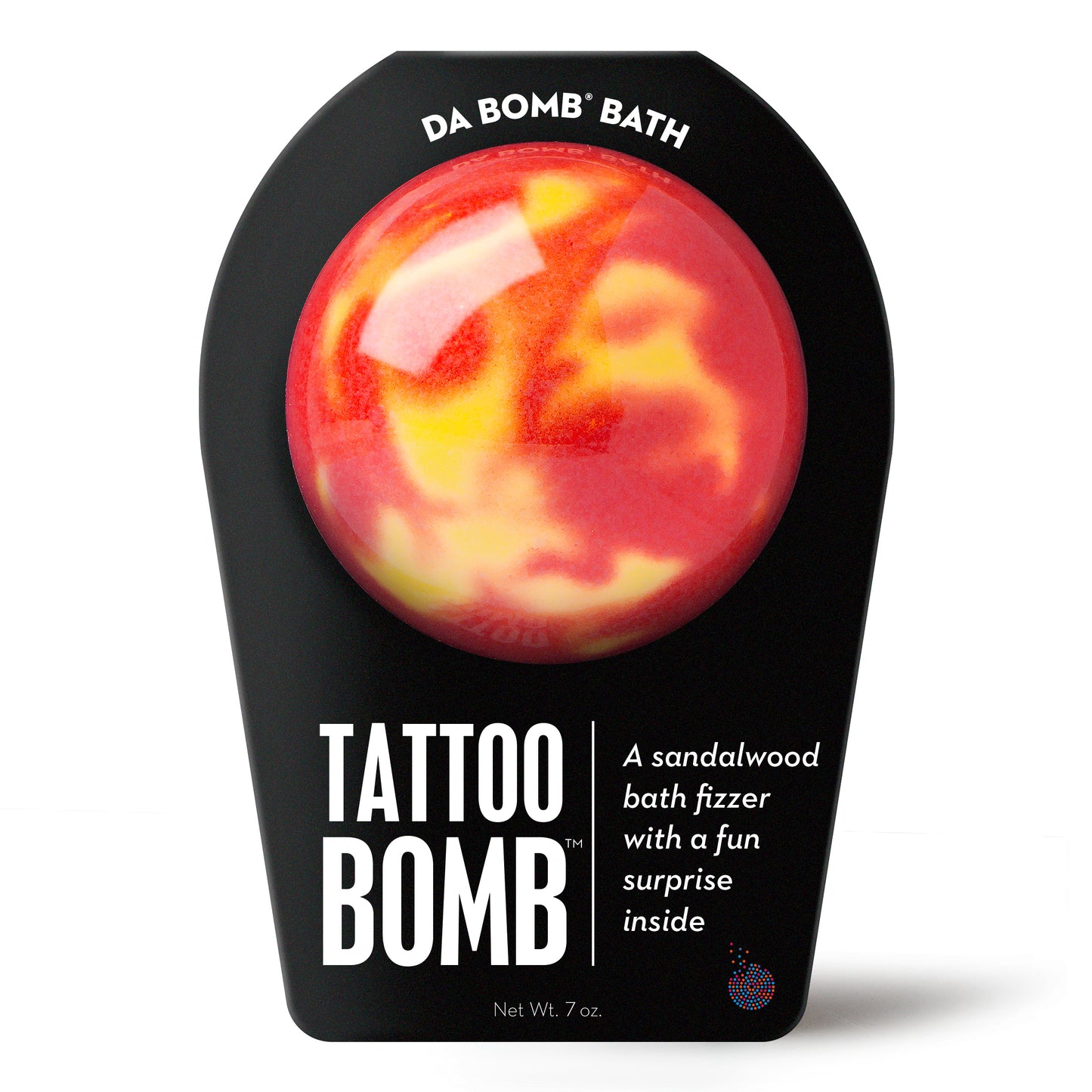 a red and yellow bath bomb in black packaging
