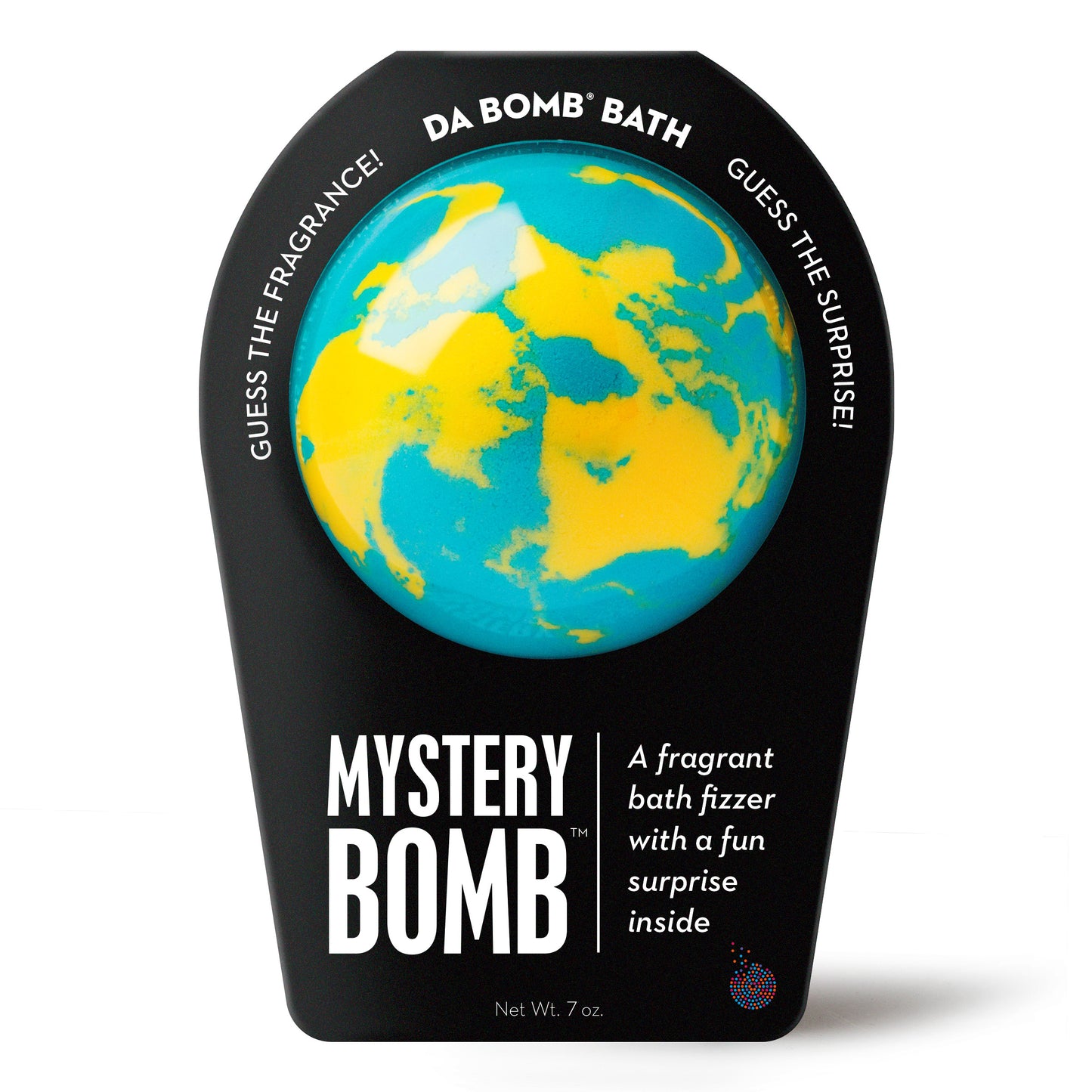 a yellow and teal bath bomb in black packaging