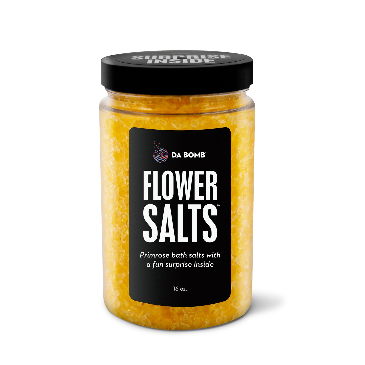 Yellow granules in a large jar with "Flower Salts" label