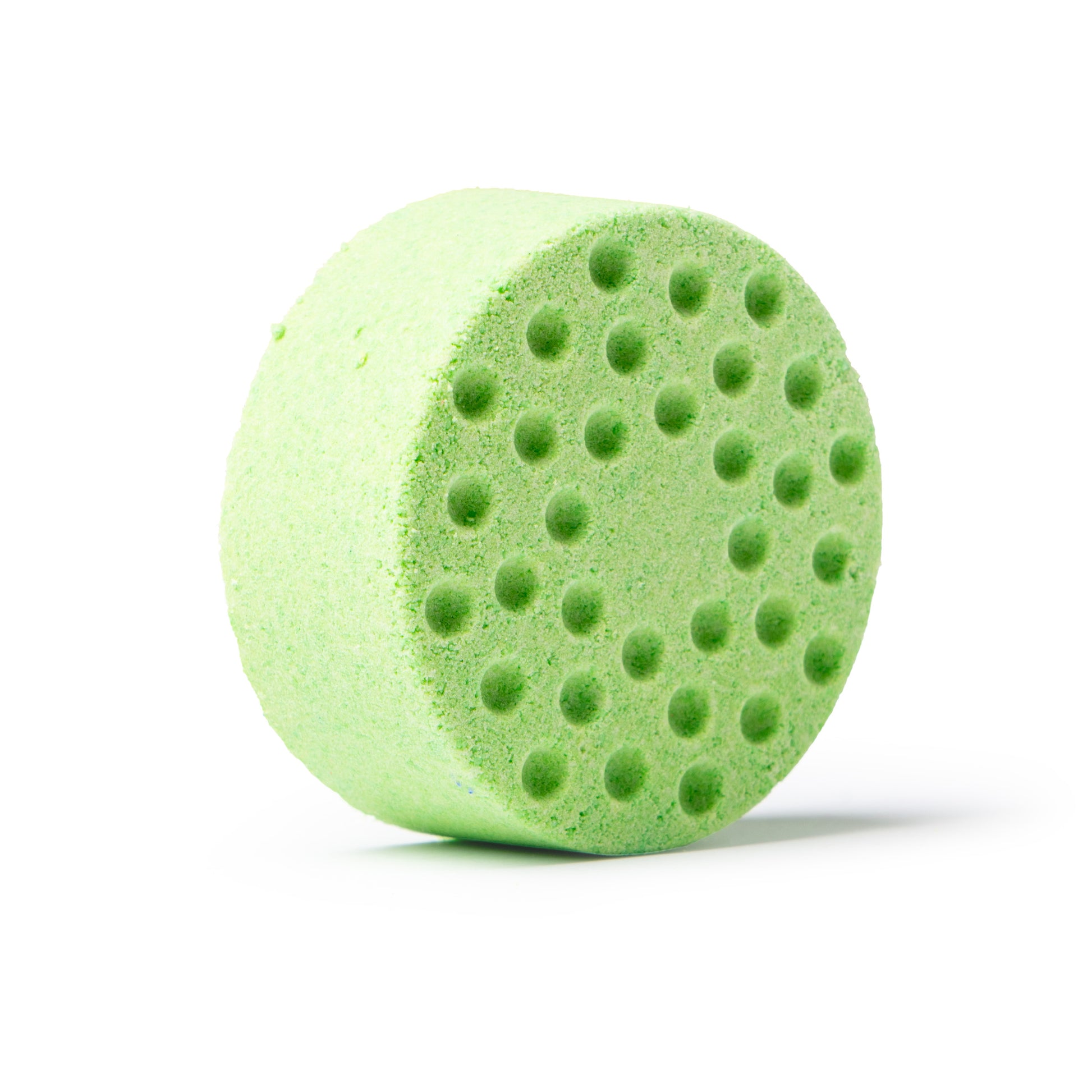 a green eucalyptus shower steamer on white background, slight angle with shadow