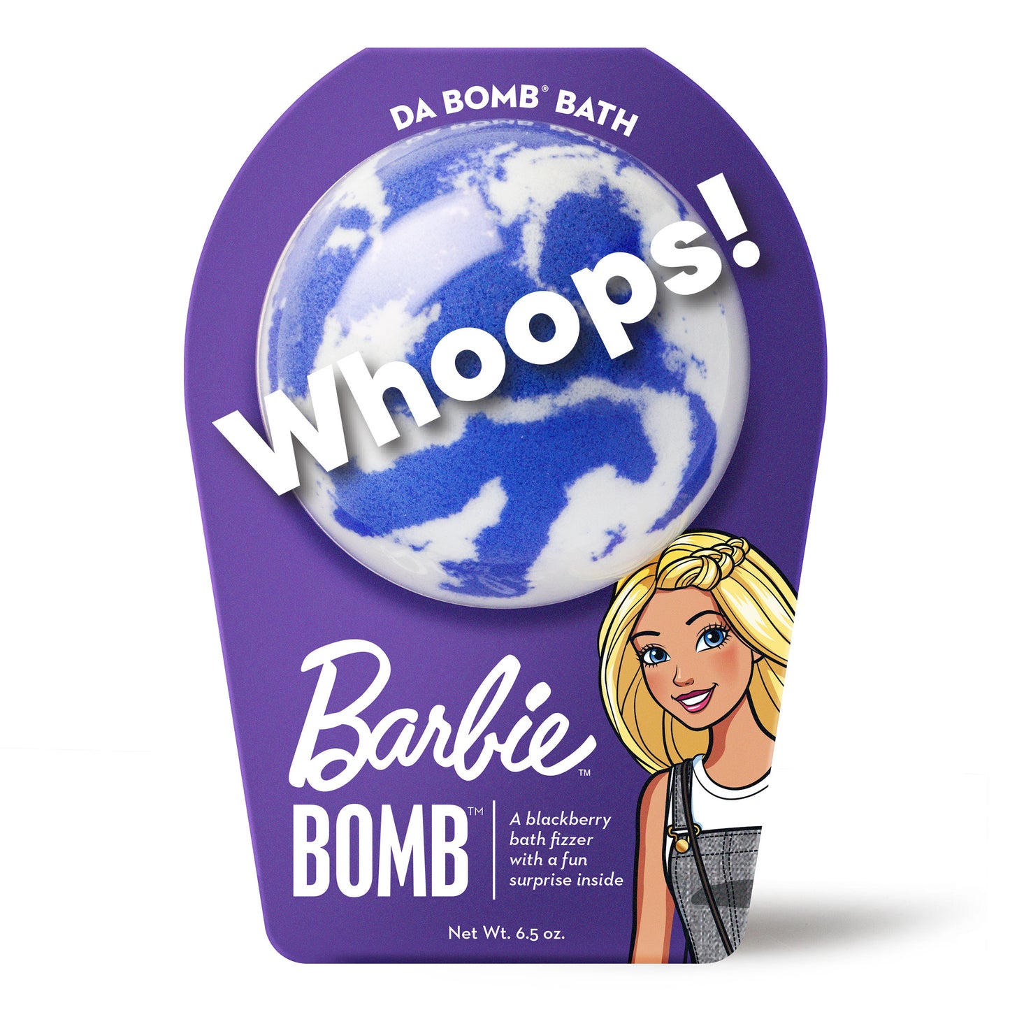 Whoops Barbie blue with white swirls bath bomb