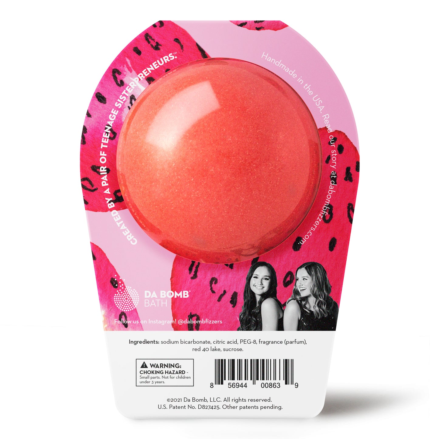 back of a red bath bomb in strawberry packaging