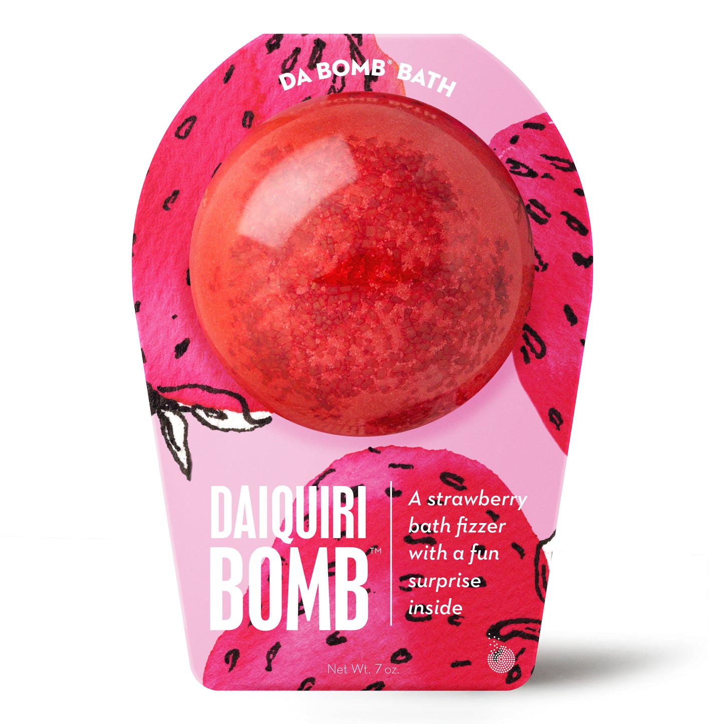 a red bath bomb with sprinkles in strawberry packaging