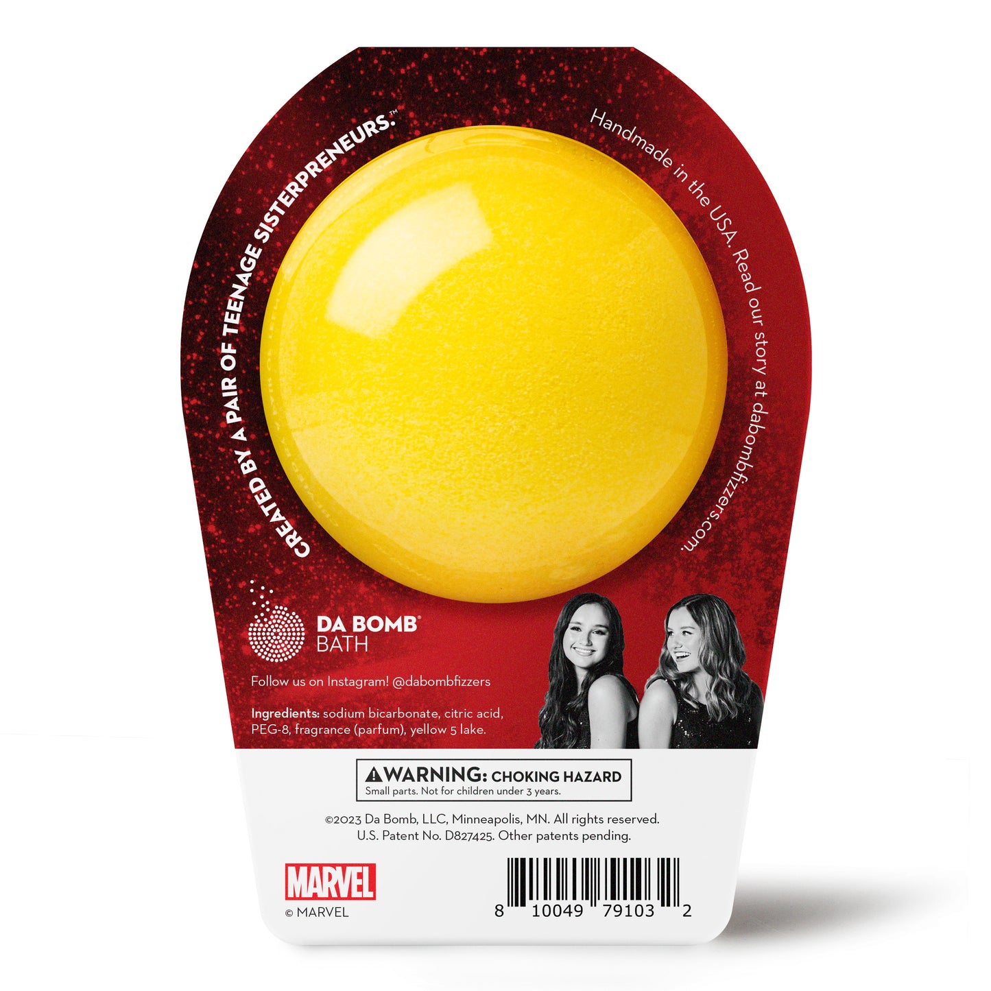 back of a yellow bath bomb with red iron man packaging