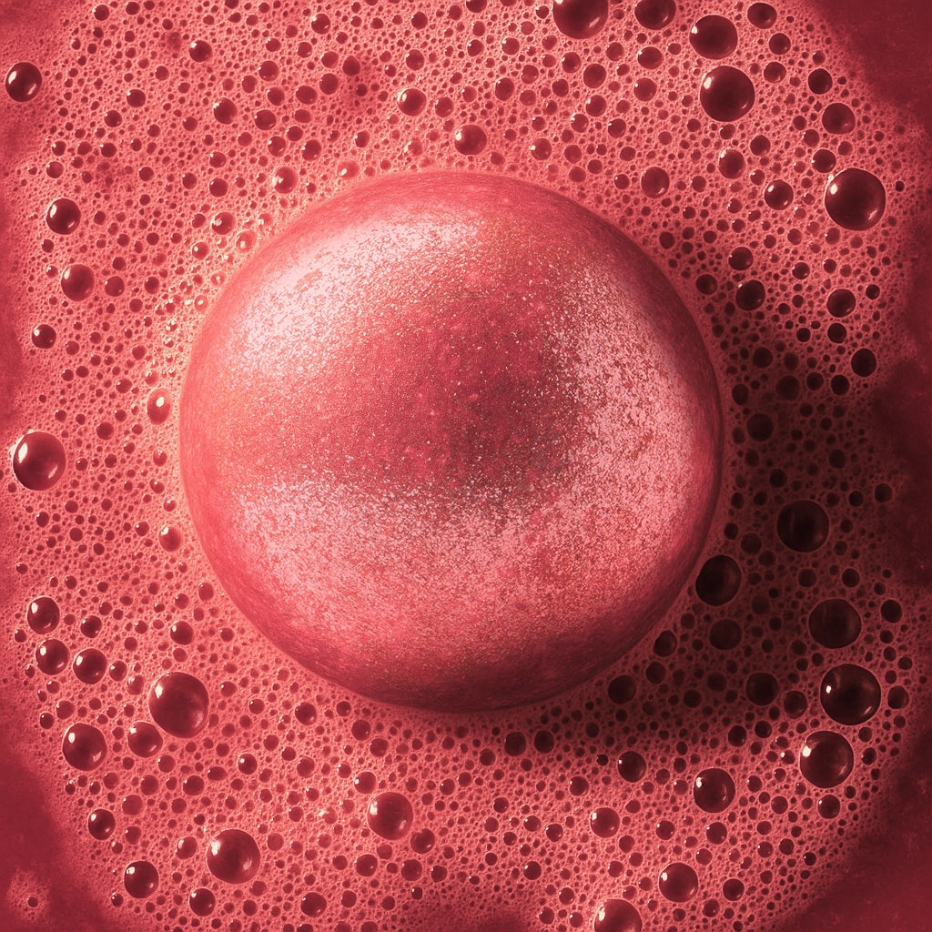 a red glitter bath bomb fizzing in red water