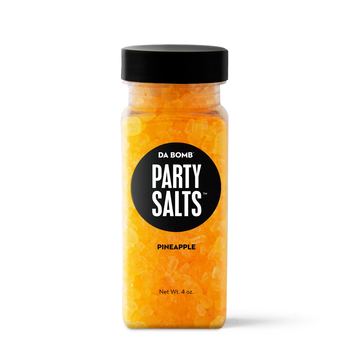 Orange granules in rectangular bottle with black "Party Salts" label