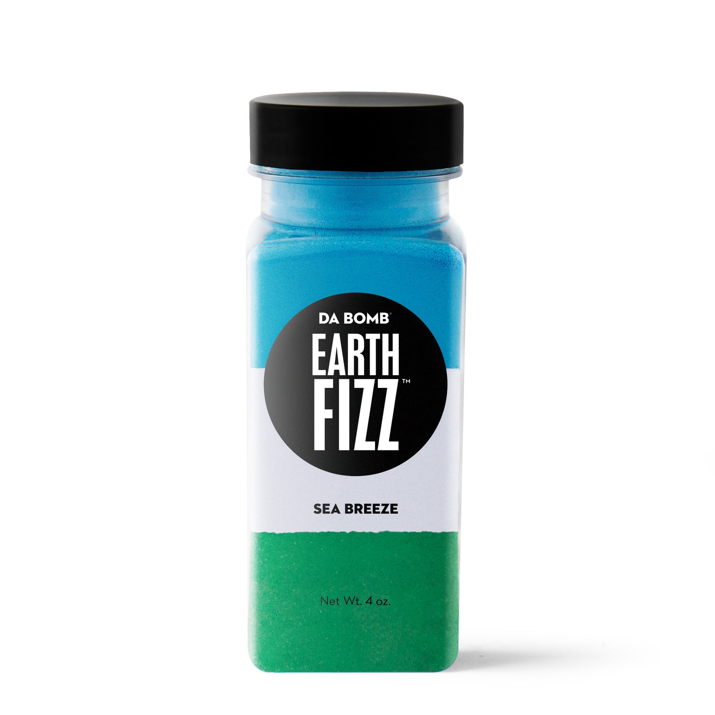 Blue, white and green powder in rectangular bottle with black "Earth Fizz" label
