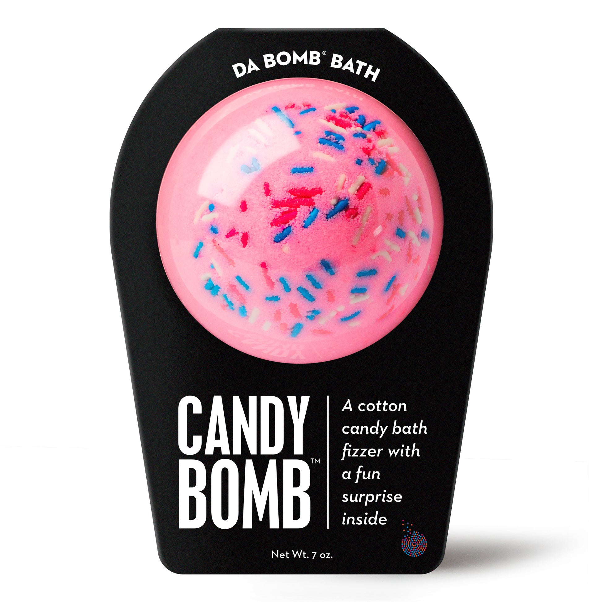 pink bath bomb with sprinkles in black packaging