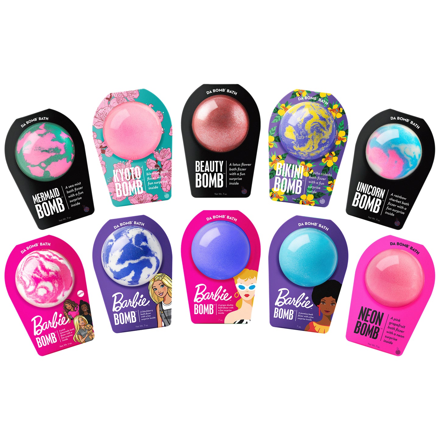 10 colorful girl bath bombs arranged in an arch on white background