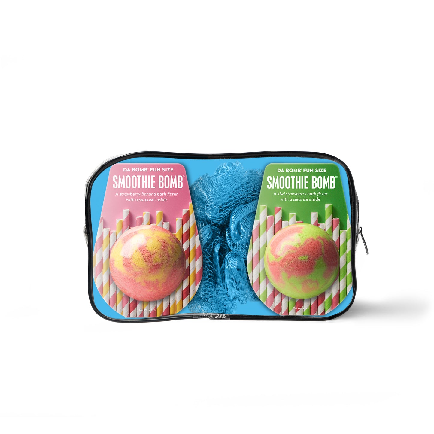 two smoothie bath bombs and loofah inside blue zipper gift set bag