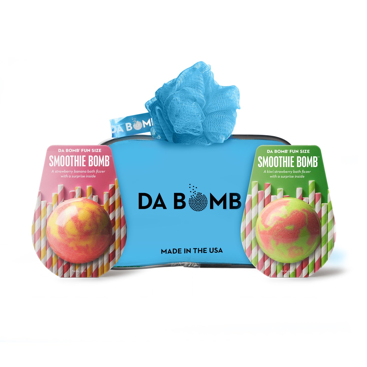 a blue gift set comprised of 2 bath bombs and loofah