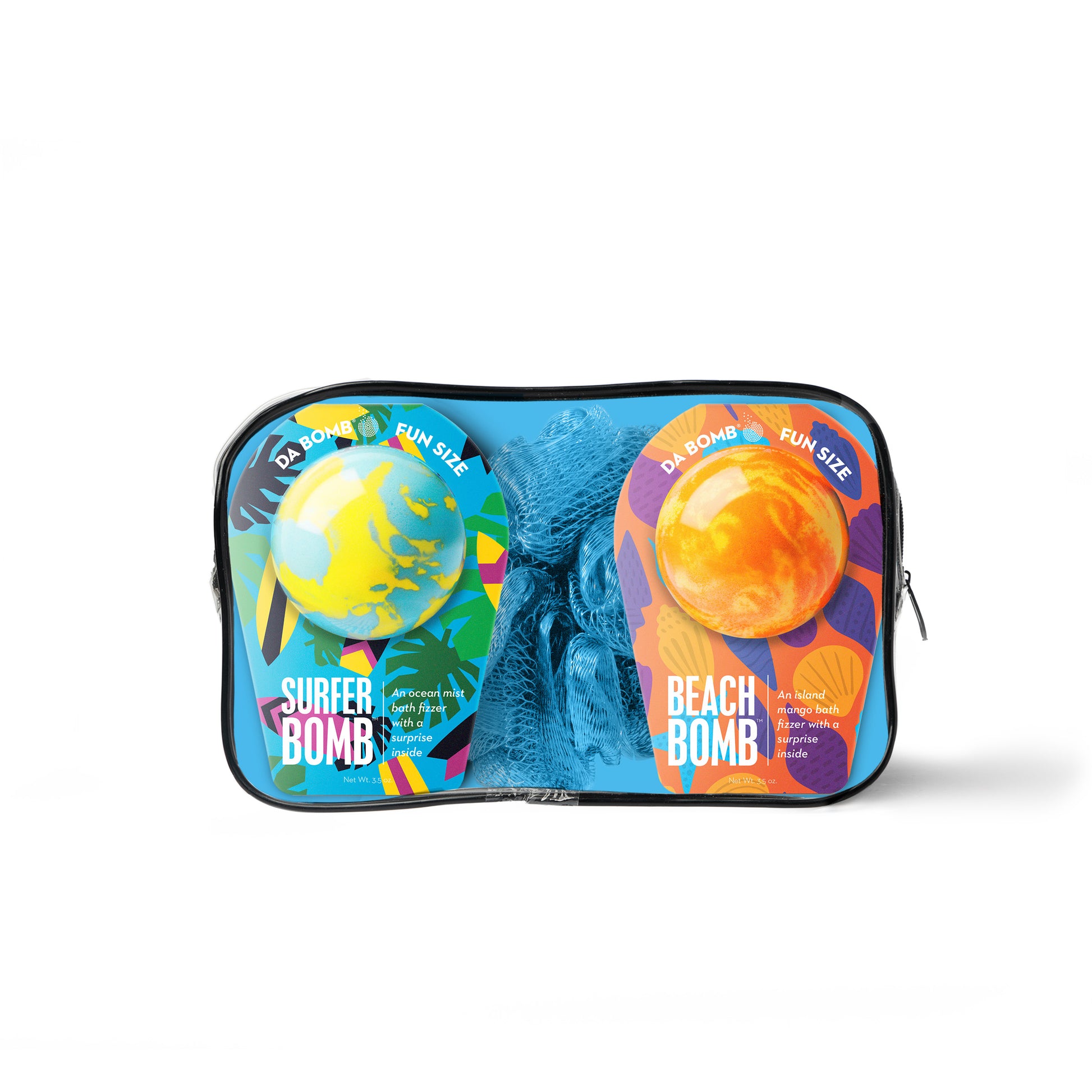 blue gift set with 2 bath bombs and a loofah