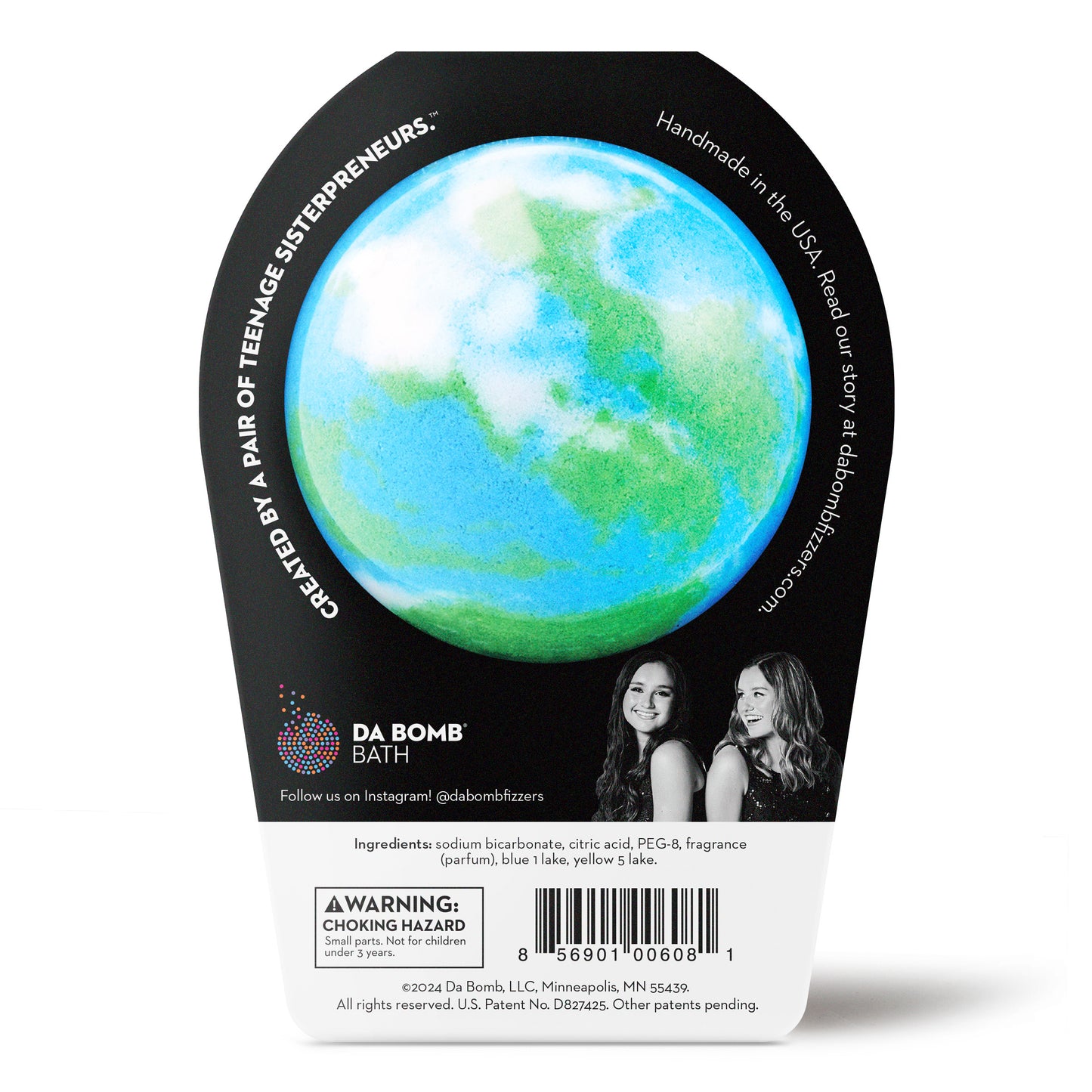 back of blue, green & white bath bomb in black packaging