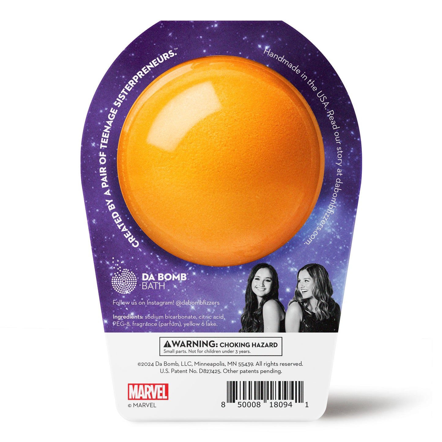 back of orange guardians of the galaxy bath bomb in purple packaging
