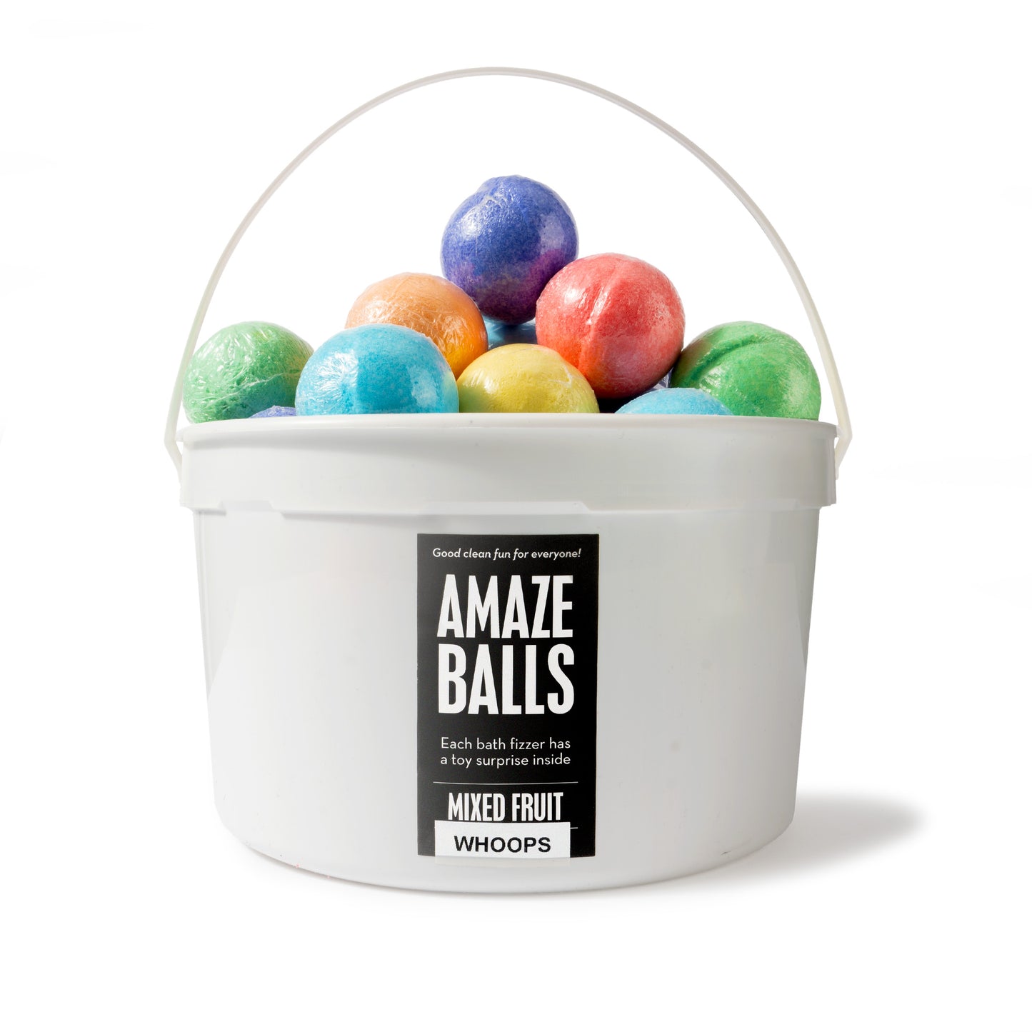Purple, yellow, red, orange, green, and blue mini bath bombs in a white pail
