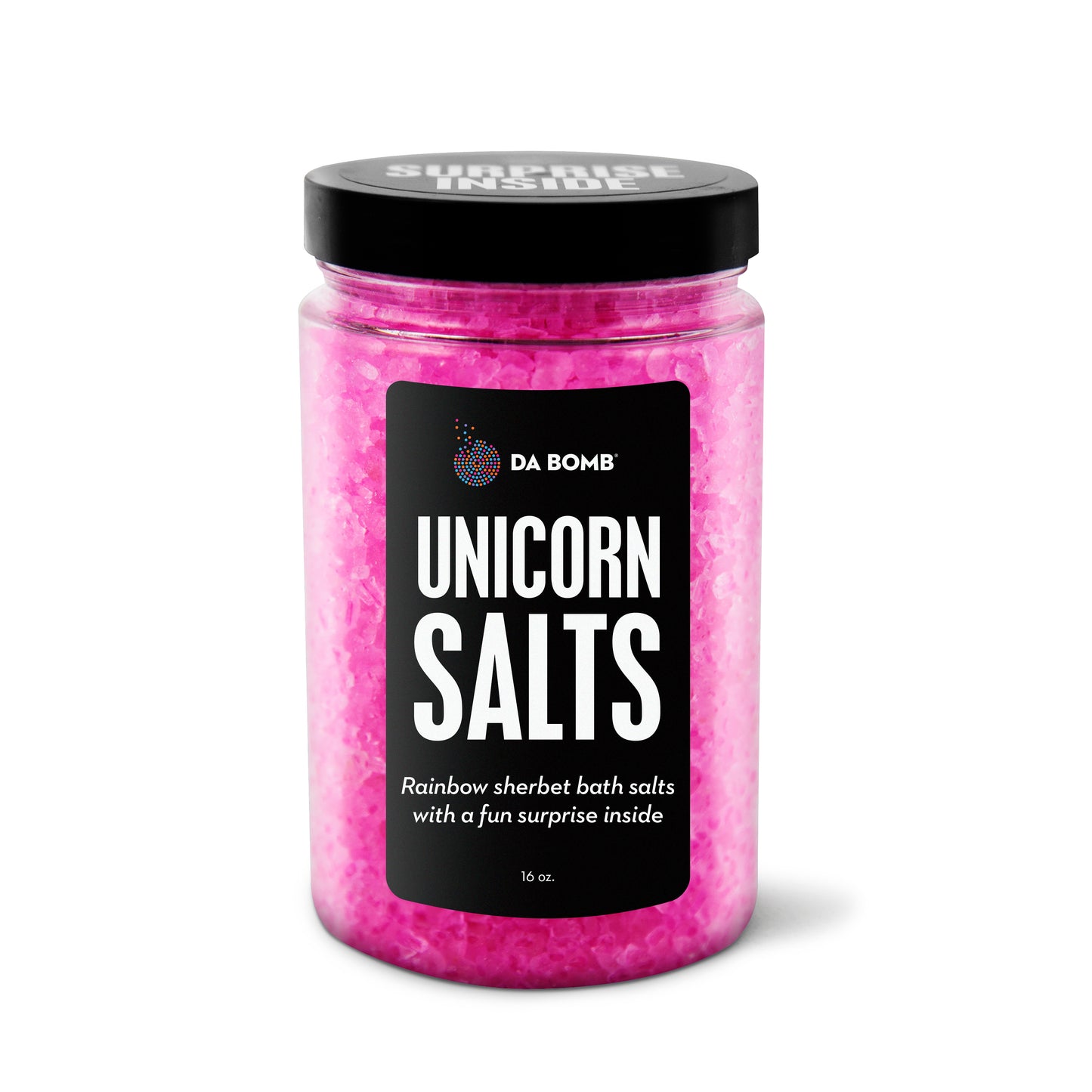Pink granules in a large jar with "Unicorn Salts" label