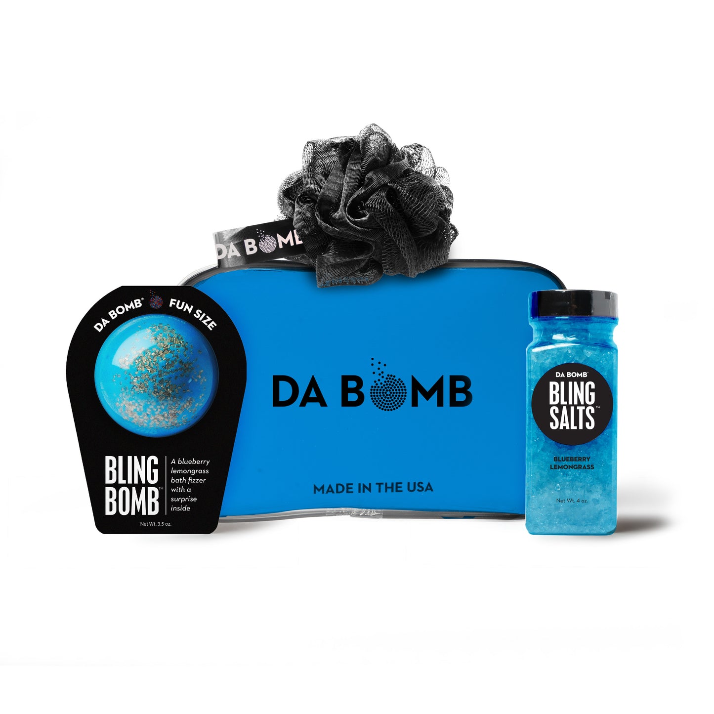 a blue da bomb gift set with bling bomb, bath salts and loofah