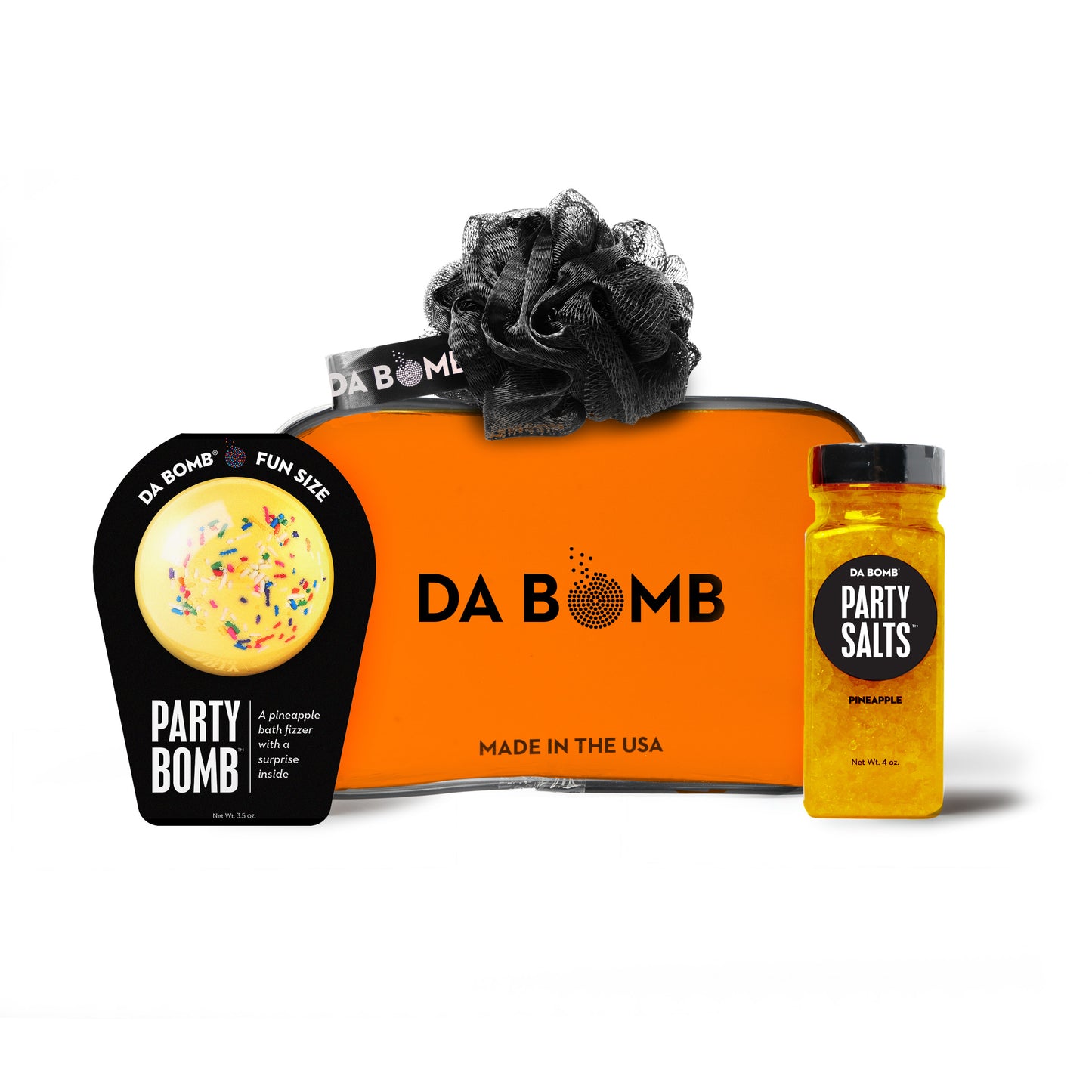 an orange gift set comprised of bath bomb, bath salts and loofah