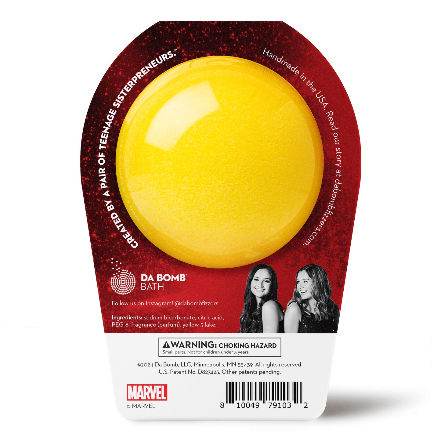 back of yellow iron man bath bomb in red packaging