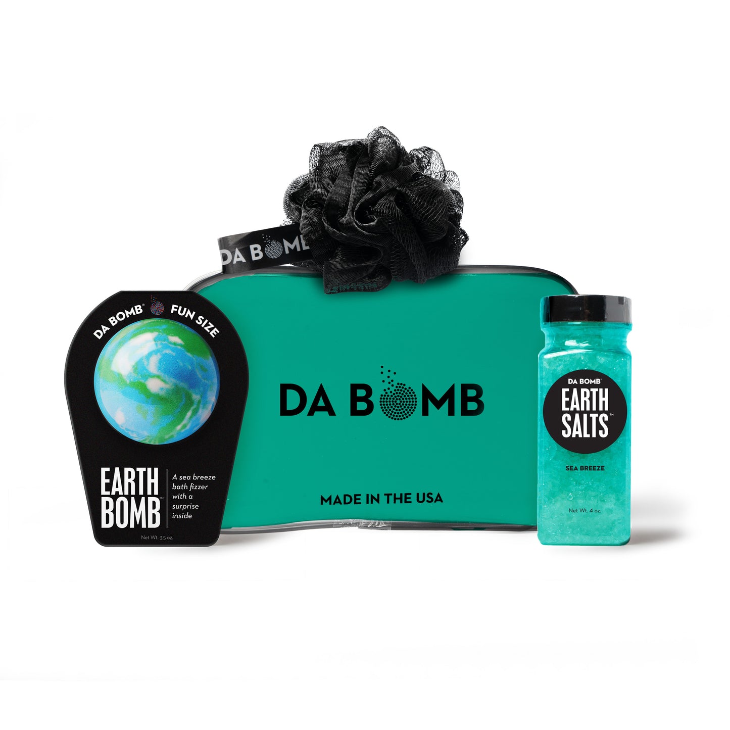 a green gift set comprised of bath bomb, bath salts and loofah
