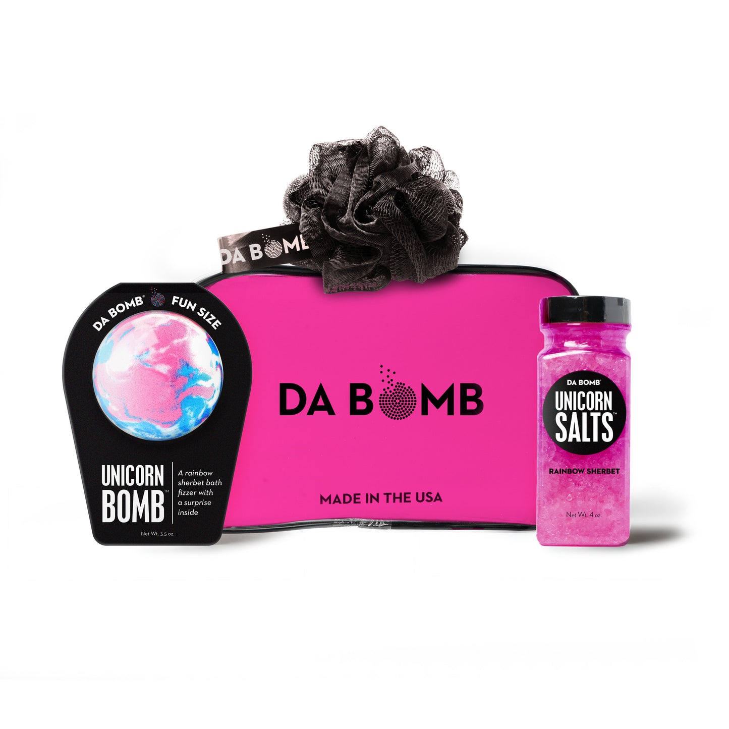 a pink gift set comprised of bath bomb, bath salts and loofah