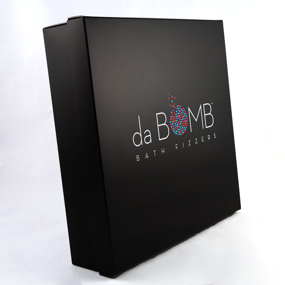 Black gift box with the Da Bomb logo on the front.