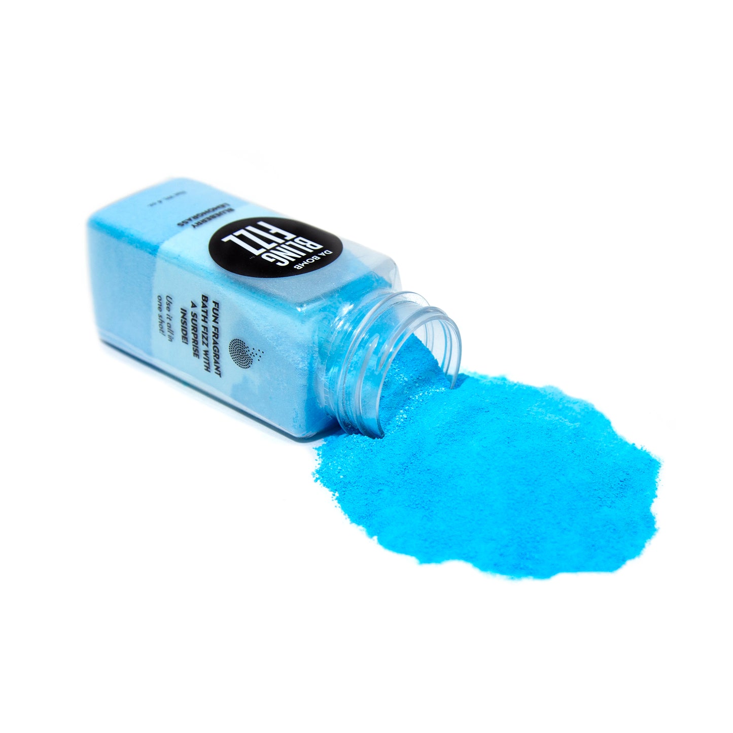 Clear mini jar with blue, light blue and blue fizz spilling out of it onto a white background.