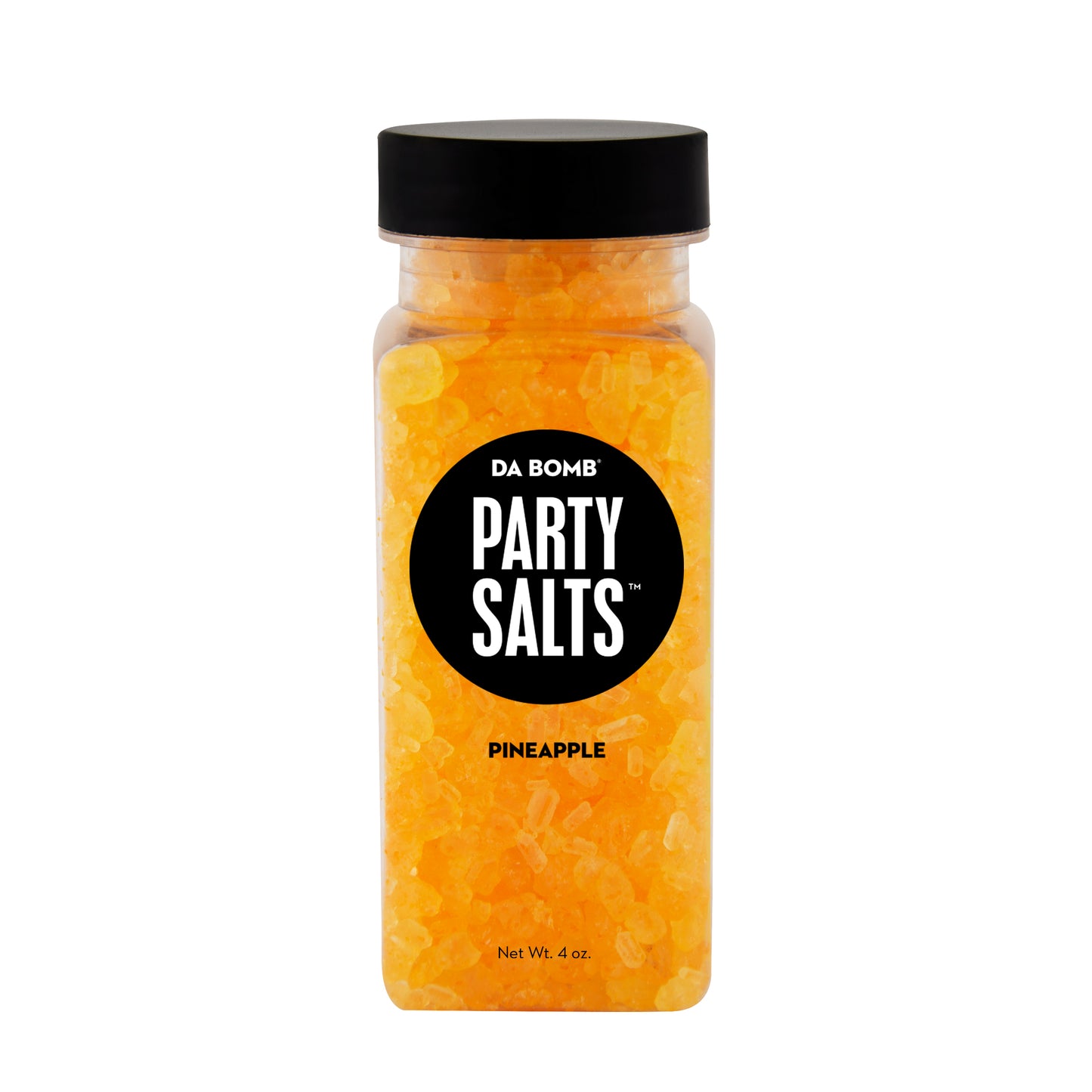 Small, clear plastic jar filled with orange bath salt that smells like pineapple. Each shot contains a fun surprise.