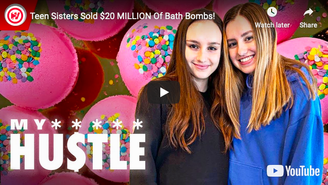 video thumbnail for my hustle of two girls with bath bomb background