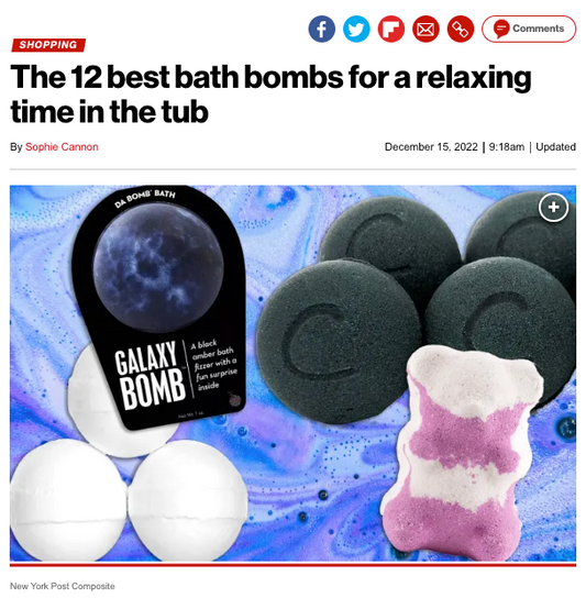 screenshot of web article of The 12 best bath bombs for a relaxing time in the tub with photo of several bath bombs