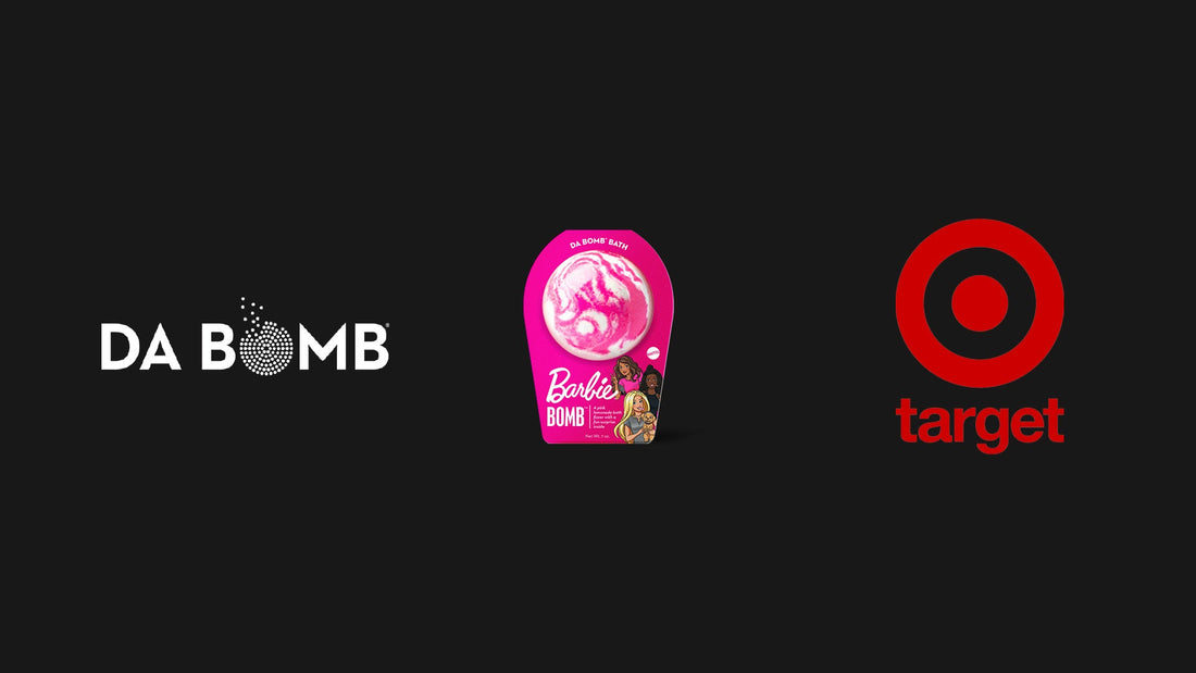 pink barbie bath bomb, white da bomb logo and red target logo on black background