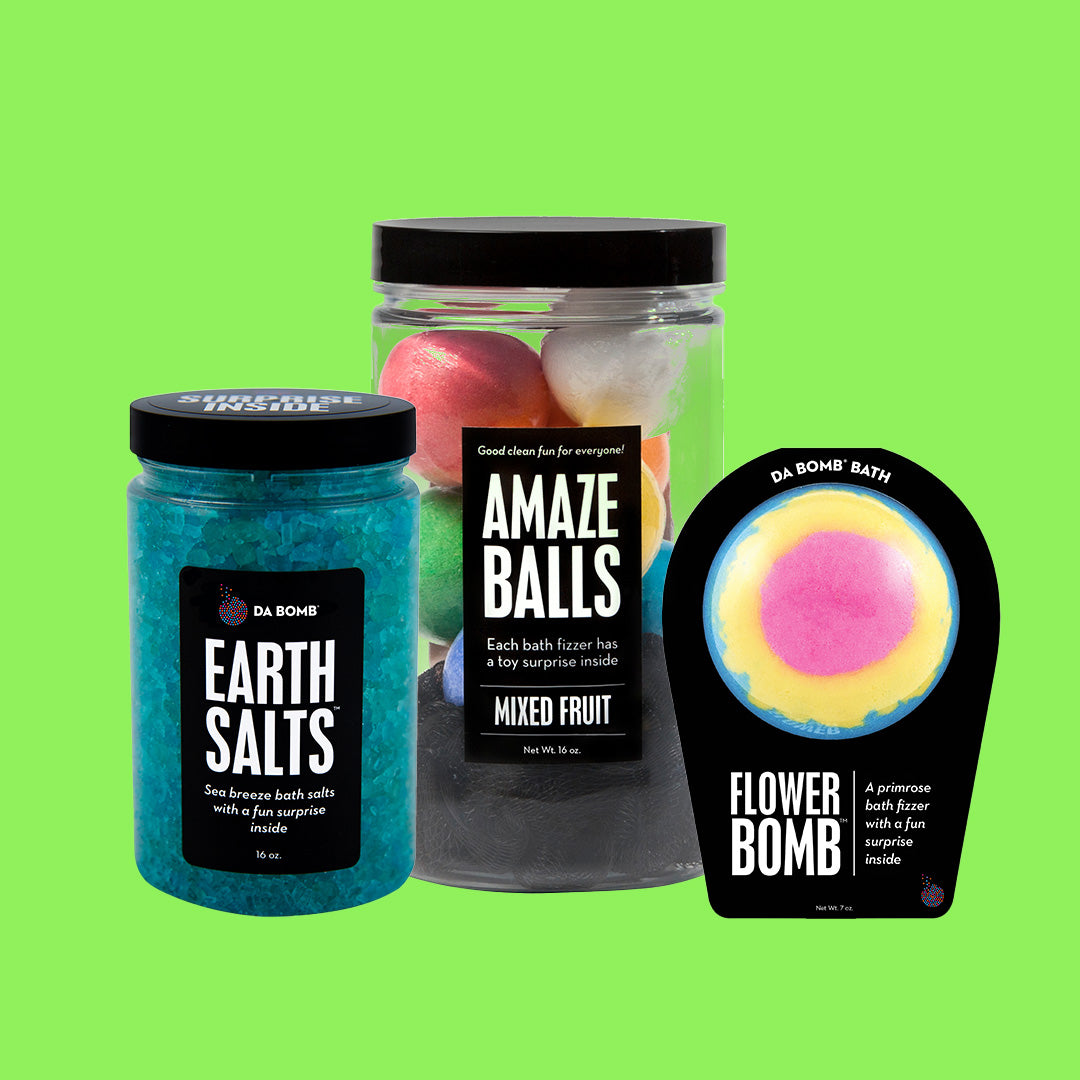 3 bath bomb products on a green background