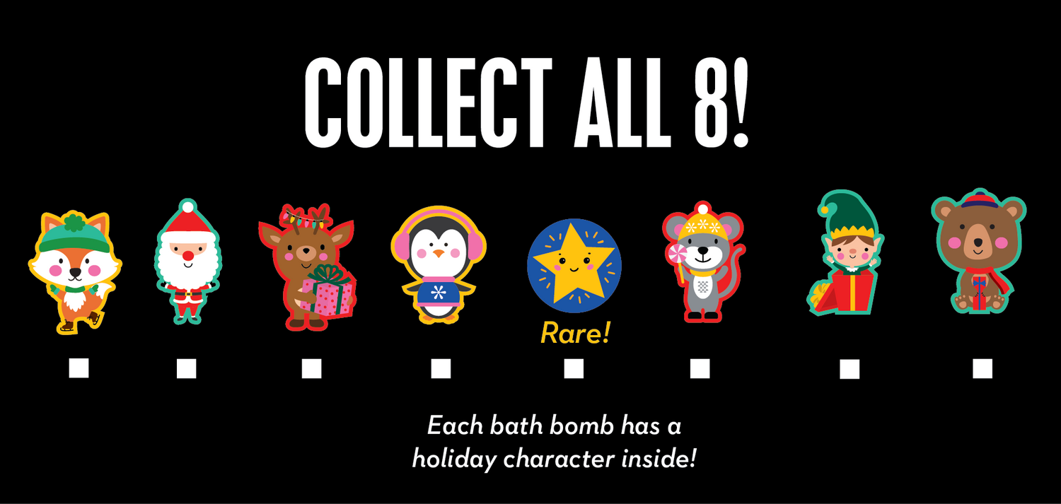 8 cartoon holiday characters in a row on a black background with text saying "collect all 8"