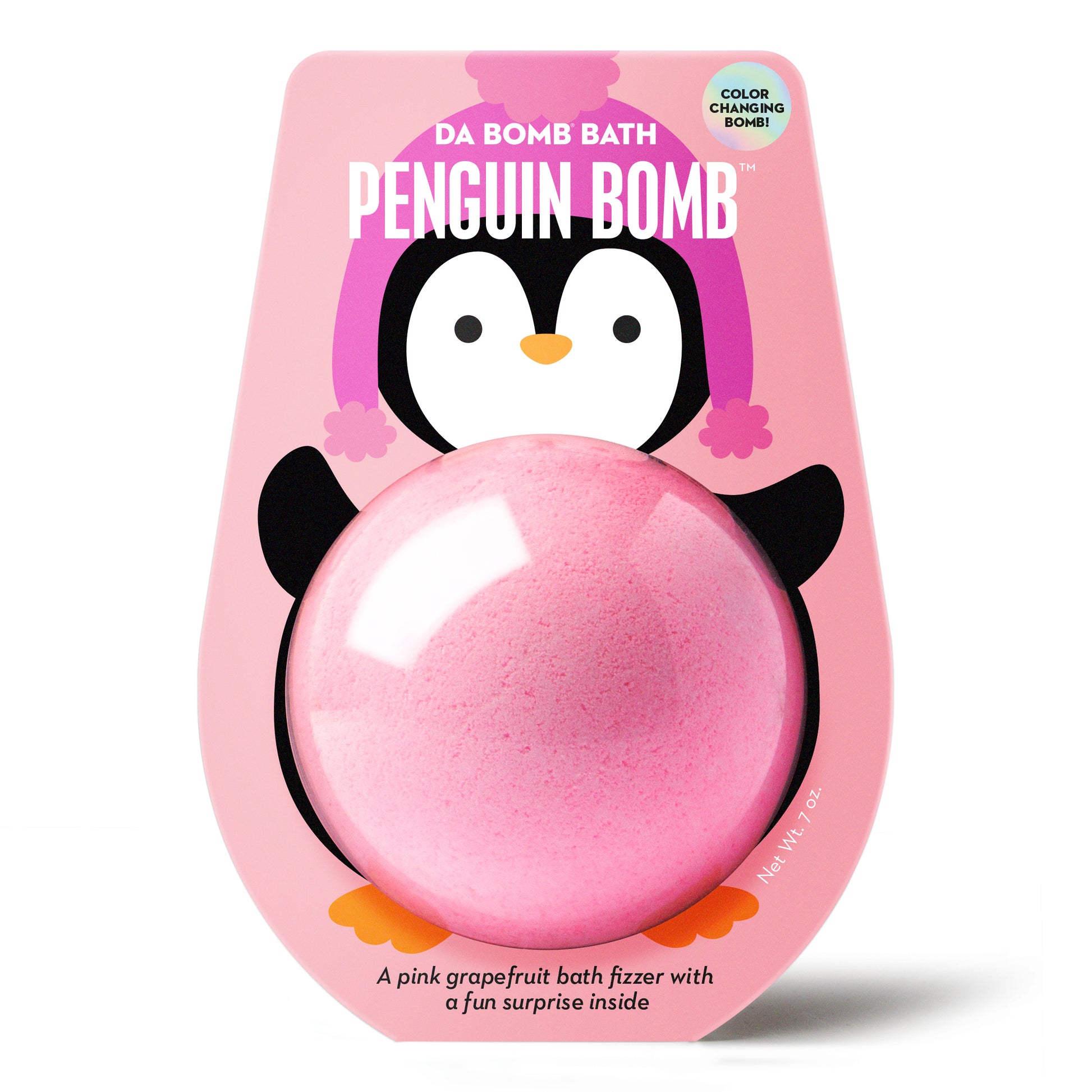 a pink bath bomb in pink penguin packaging