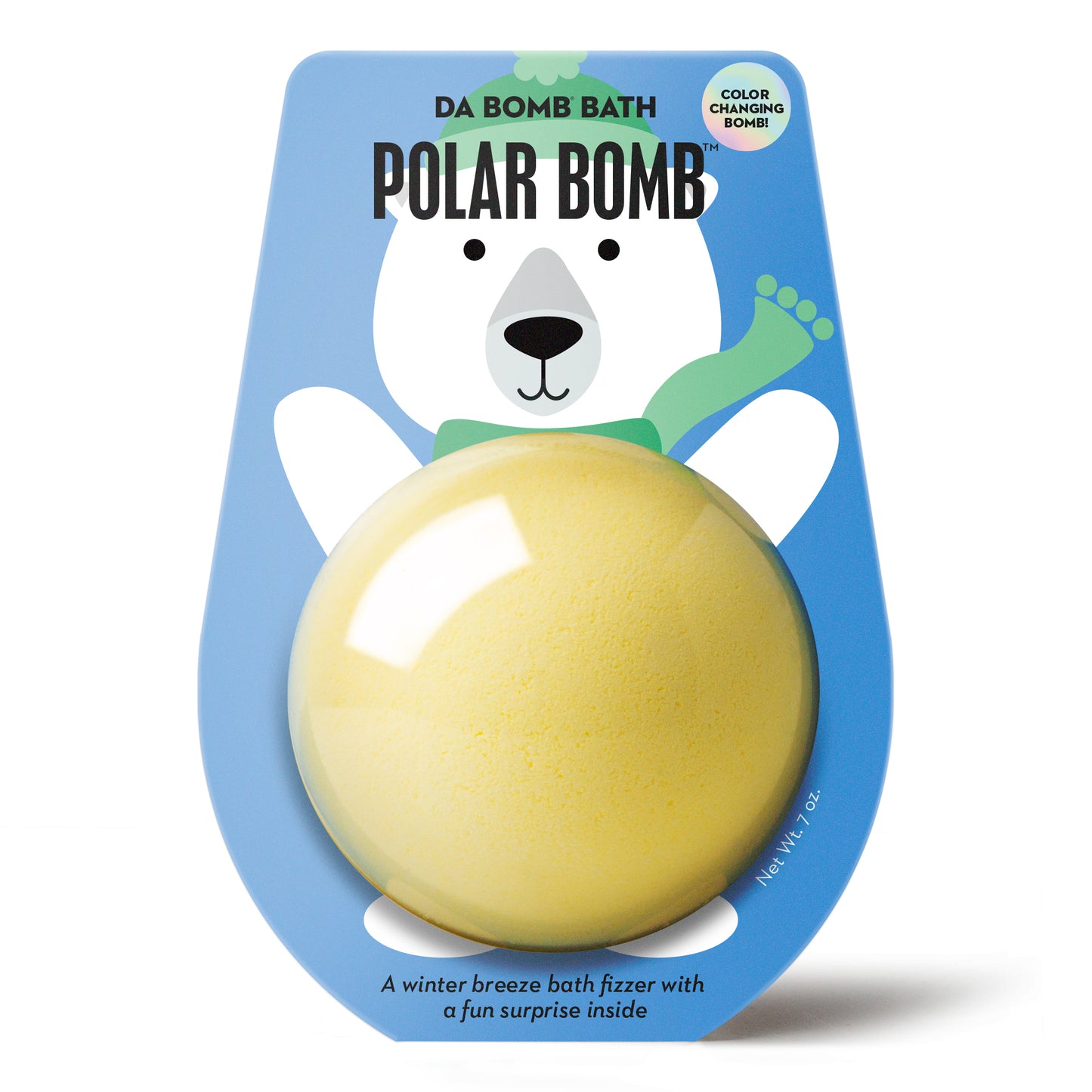 a yellow bath bomb in blue polar bear packaging
