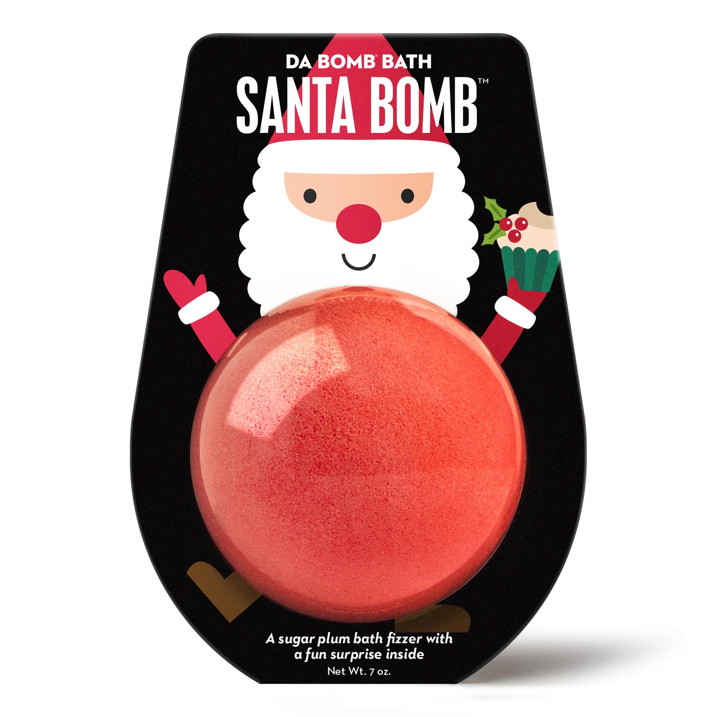 a red bath bomb in black packaging with cartoon santa