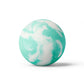 White with teal swirl bath bomb without packaging on a white background scented as sea foam. Disney princess bath bombs with rings inside.